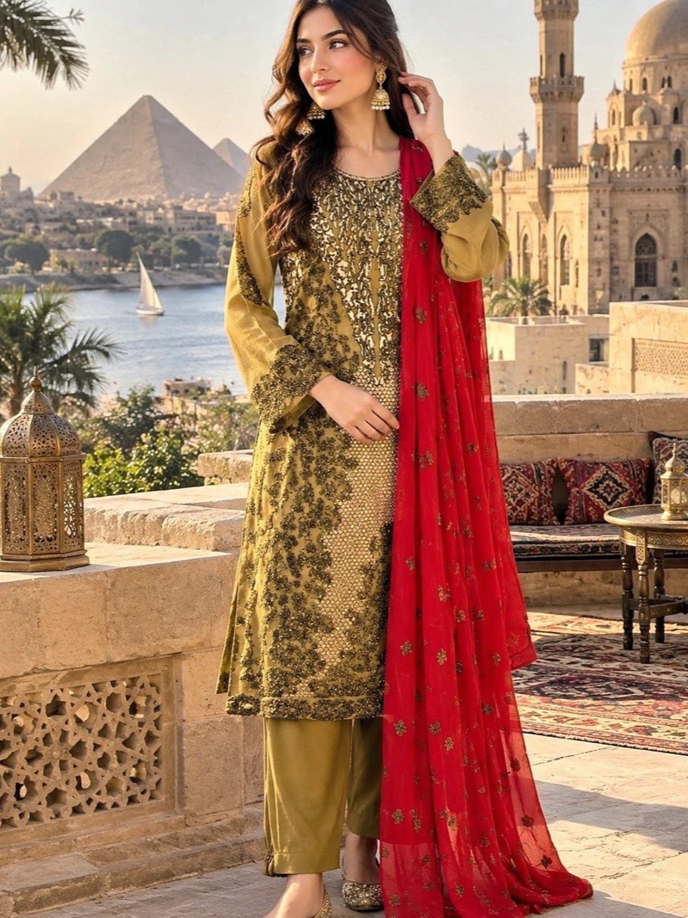 Embroidered Gold & Red Three-Piece Set